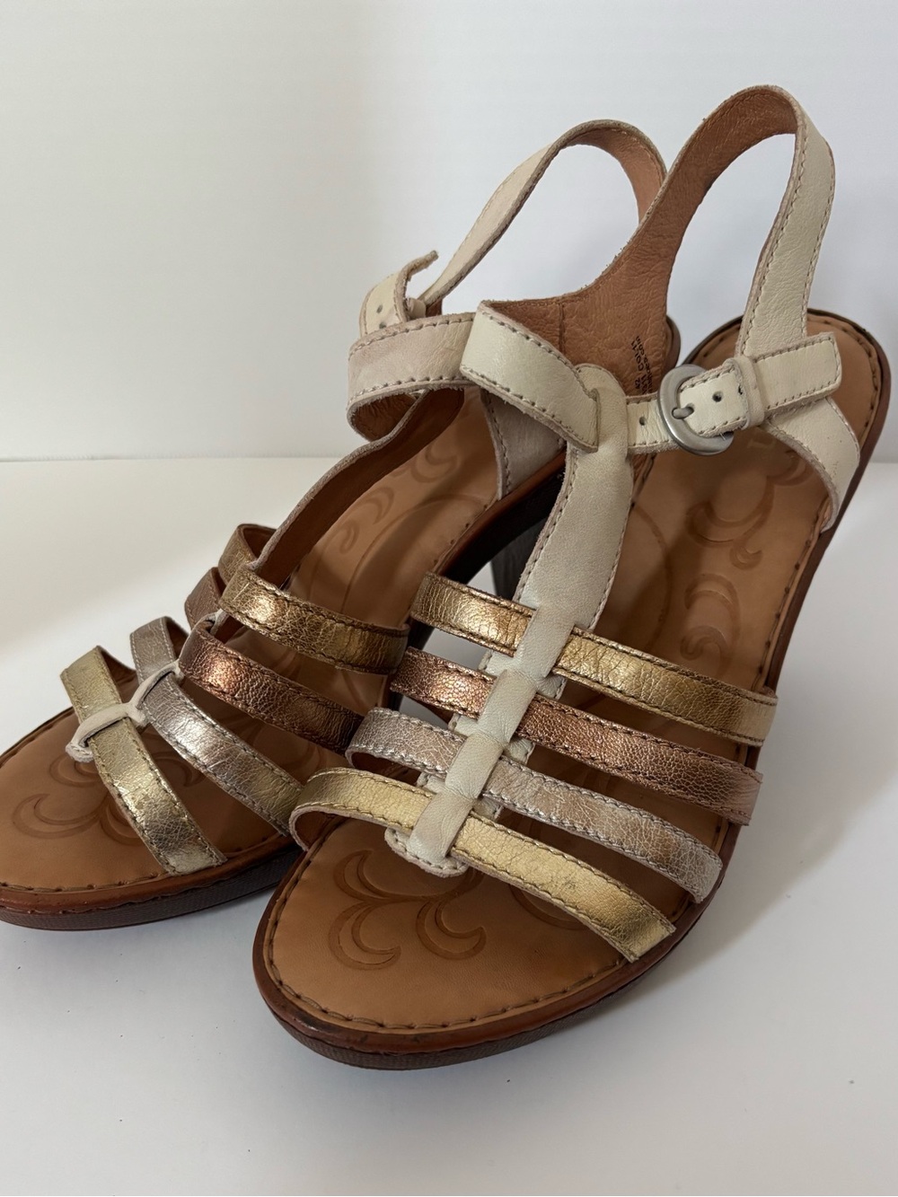 Born Metallic Multi-Strip Slingback Sandals Heels Bronze & Gold Size 10